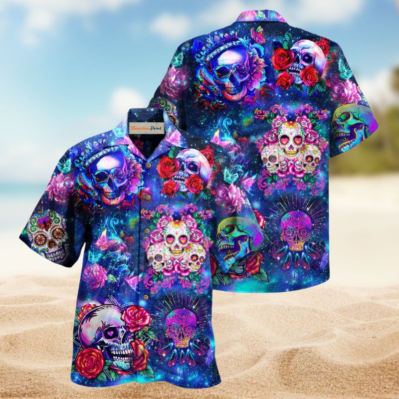 Skull Flowers Night Day Of The Dead Edition - Hawaiian Shirt