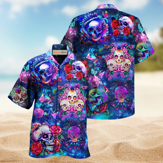 Skull Flowers Night Day Of The Dead Edition - Hawaiian Shirt