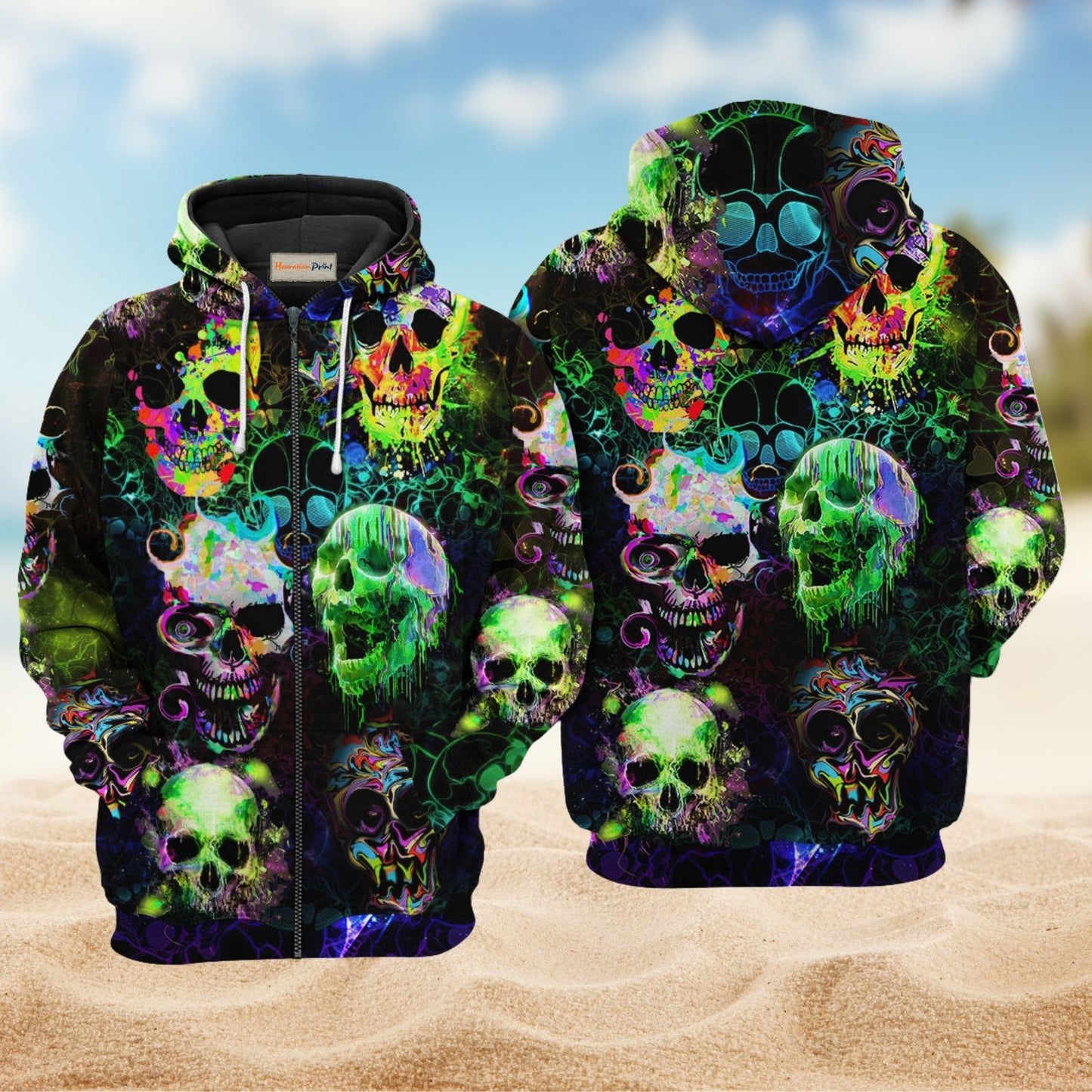 Skull Green Color Splash - 3D Hoodie
