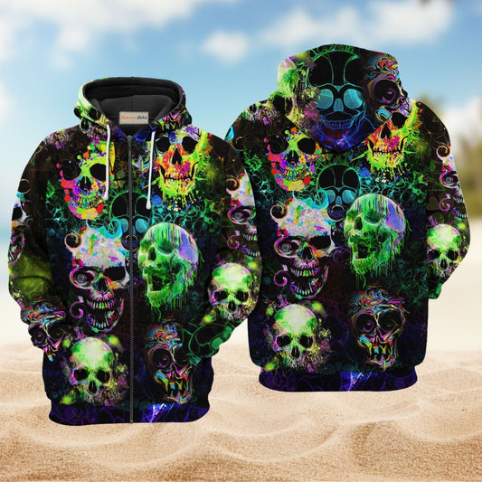 Skull Green Color Splash - 3D Hoodie