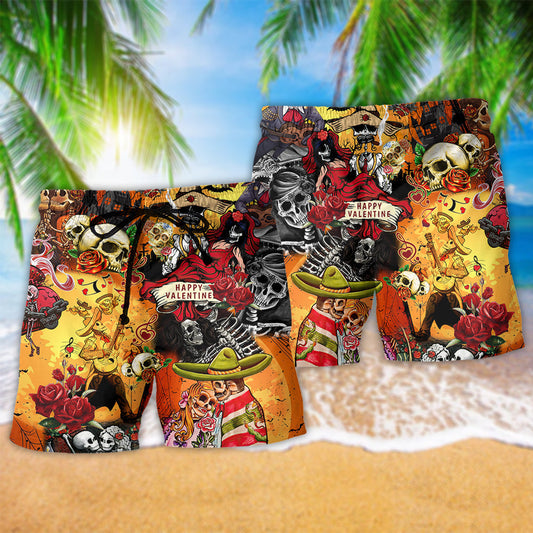 Valentine Skull Rose Romantic Art – Beach Short