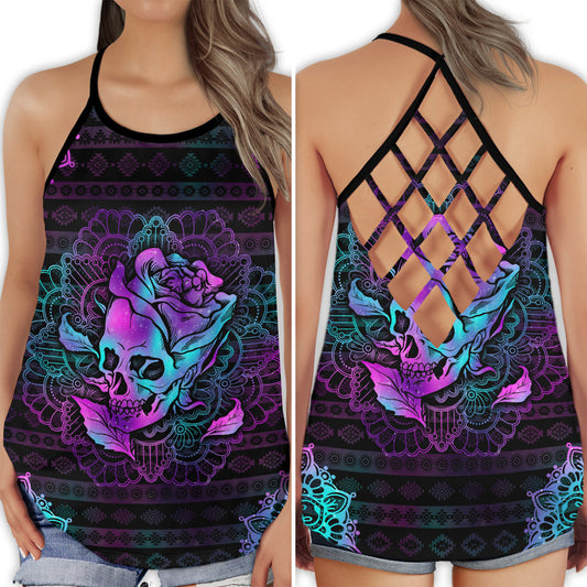 Skull Lady Love Rose Gothic Floral Art Style - Hollow Tank Top
