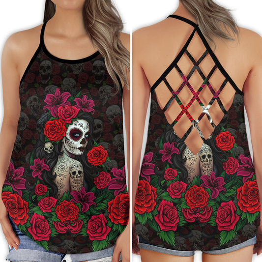 Sugar Skull Rose Love Design - Hollow Tank Top