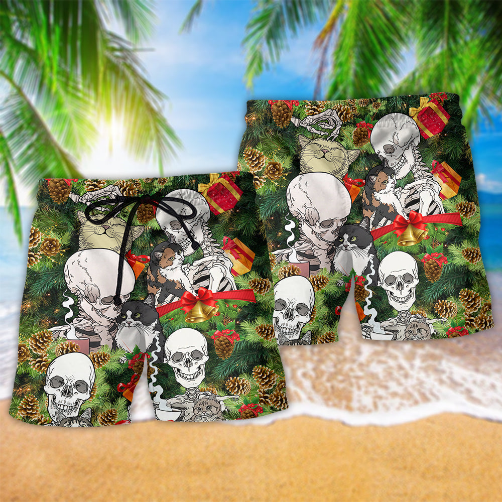 Funny Christmas Skull Cat Art – Beach Short