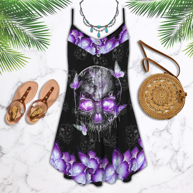 Purple Butterfly Skull Cool – Women's Summer Sleeveless V-Neck Camisole Dress