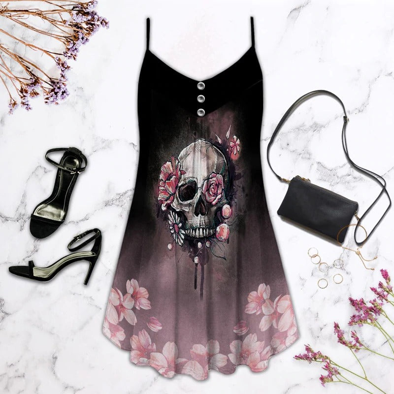 Dark Rose Skull Blur – Women's Summer Sleeveless V-Neck Camisole Dress