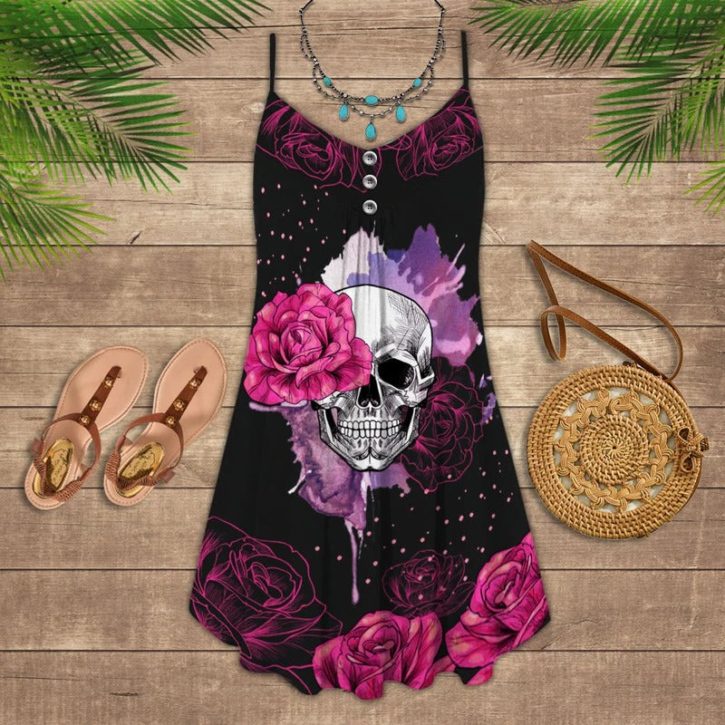 Pink Purple Rose Skull – Women's Summer Sleeveless V-Neck Camisole Dress