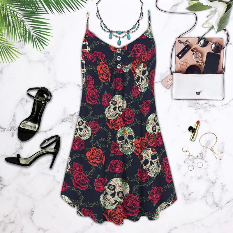Tropical Sugar Skull Rose – Women's Summer Sleeveless V-Neck Camisole Dress