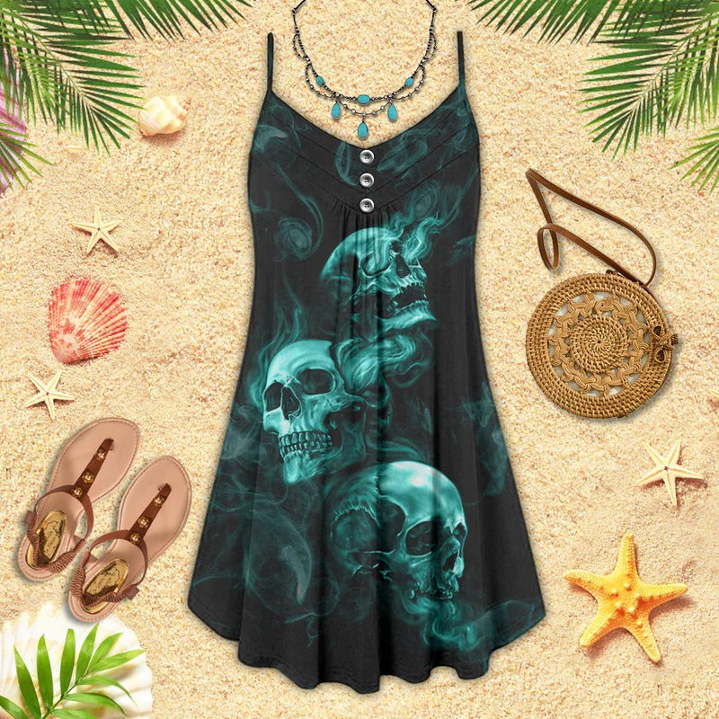 Green Smoke Skull Art – Women's Summer Sleeveless V-Neck Camisole Dress