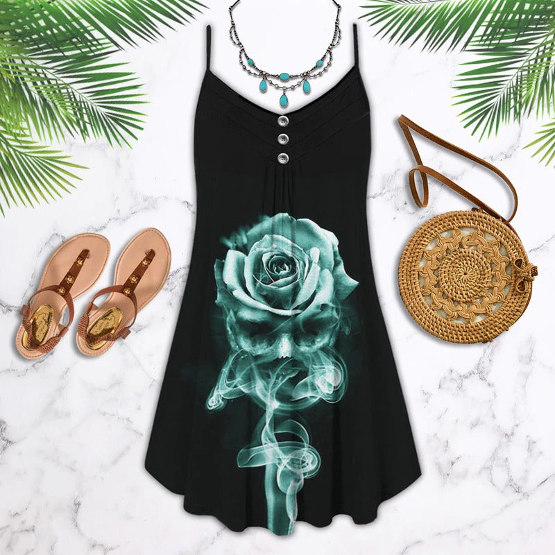 Skull Smoke And Rose – Women's Summer Sleeveless V-Neck Camisole Dress