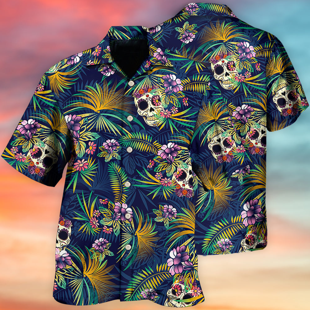 Skull With Flowers Artistic Contrast - Hawaiian Shirt
