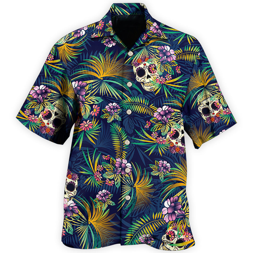Skull With Flowers Artistic Contrast - Hawaiian Shirt