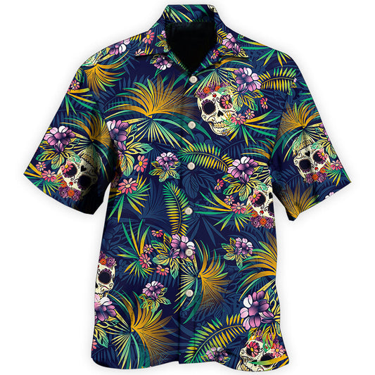 Skull With Flowers Artistic Contrast - Hawaiian Shirt