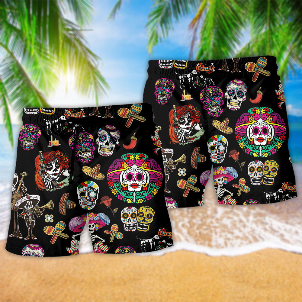 Sugar Skull Calavera Western Art Style – Beach Short