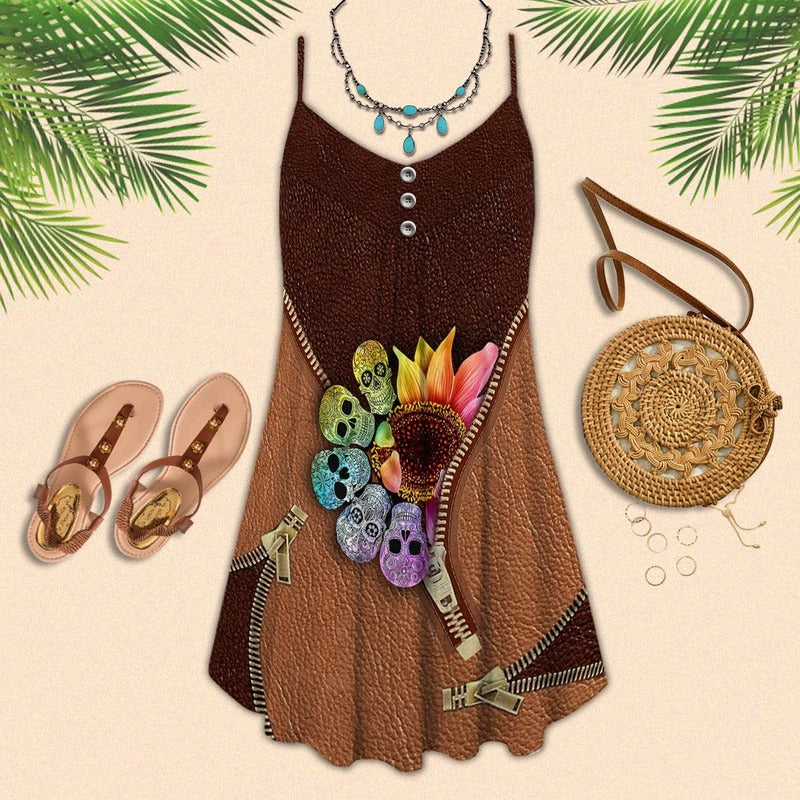 Sugar Skull Sunflower Leather – Women's Summer Sleeveless V-Neck Camisole Dress