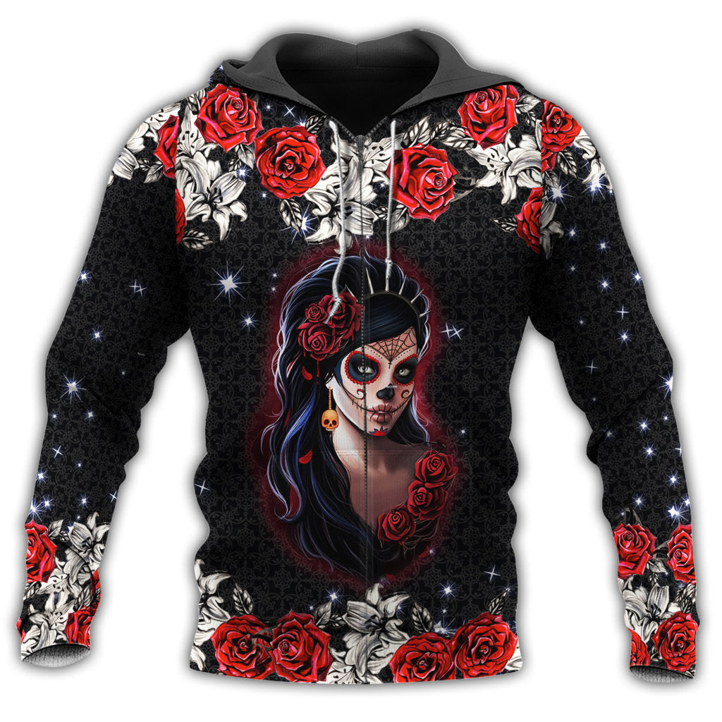 Skull Girl Red Rose Style - 3D Hoodie