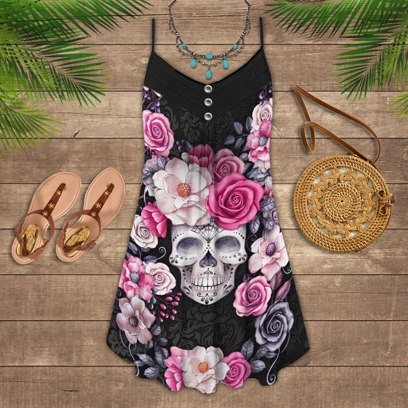 Sugar Skull Rose Floral – Women's Summer Sleeveless V-Neck Camisole Dress