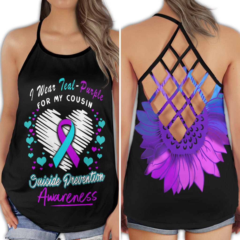 Suicide Awareness I Wear Teal Purple For My Husband - Cross Open Back Tank Top