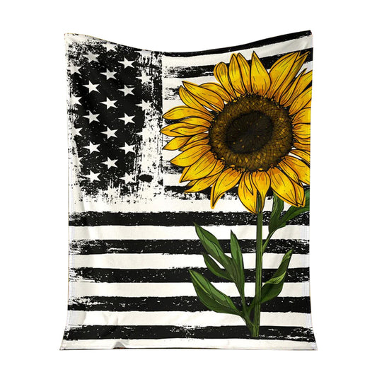 Sunflower American Flag 50 x 60 Inch Flannel Blanket For Cozy Bedroom And Sofa Decor