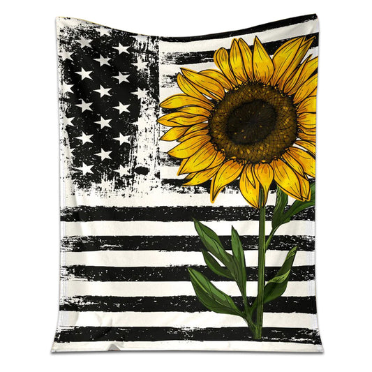 Sunflower American Flag 50 x 60 Inch Flannel Blanket For Cozy Bedroom And Sofa Decor