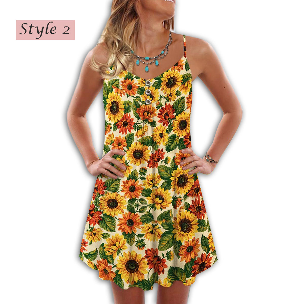 Beautiful Sunflower Pattern – Women's Summer Sleeveless V-Neck Camisole Dress