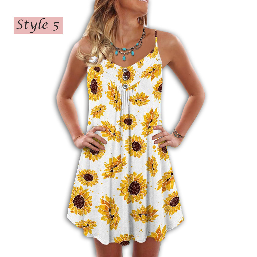 Beautiful Sunflower Pattern – Women's Summer Sleeveless V-Neck Camisole Dress