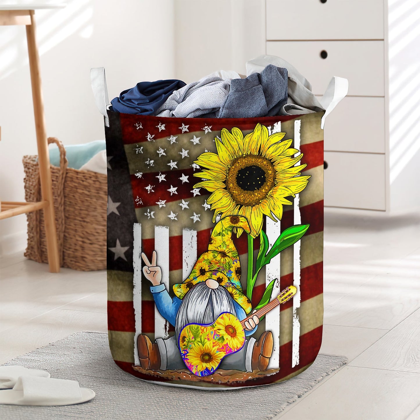 Sunflower Gnome guitar American flag - Laundry basket - LAUB07TNH010322 - Owls Matrix LTD