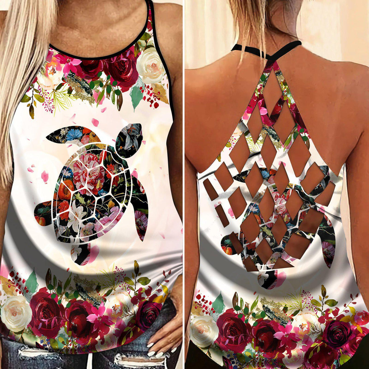 Turtle Loves Beach Loves Ocean Limited 3 - Cross Open Back Camisole Tank Top -CROT03NGA230621-Owls Matrix