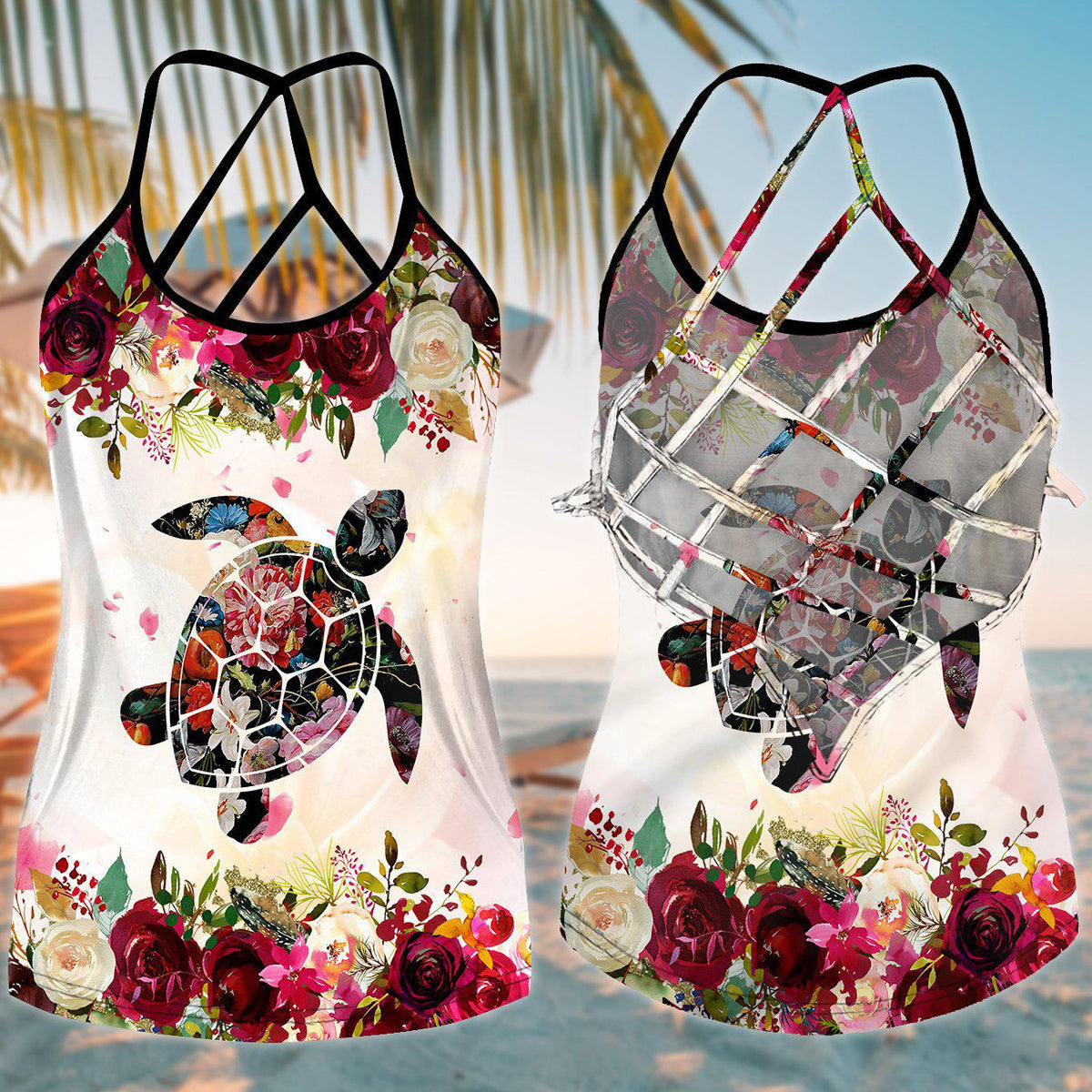 Turtle Loves Beach Loves Ocean Limited 3 - Cross Open Back Camisole Tank Top -CROT03NGA230621-Owls Matrix