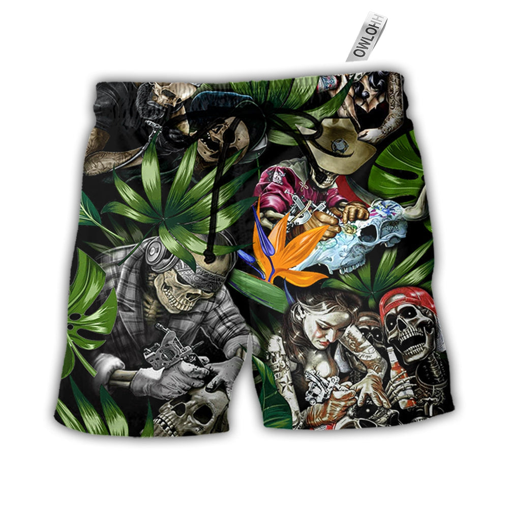 Beach Short / Adults / S Tatoo Skull Style With Girl - Beach Short - Owls Matrix LTD