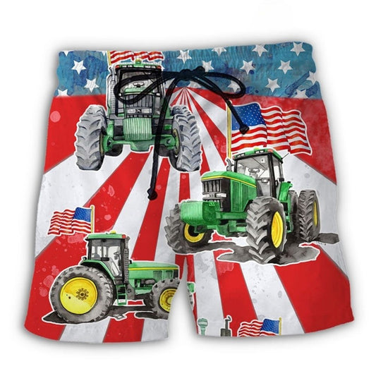 Tractor Watercolor USA Flag Independence Day - Beach Short