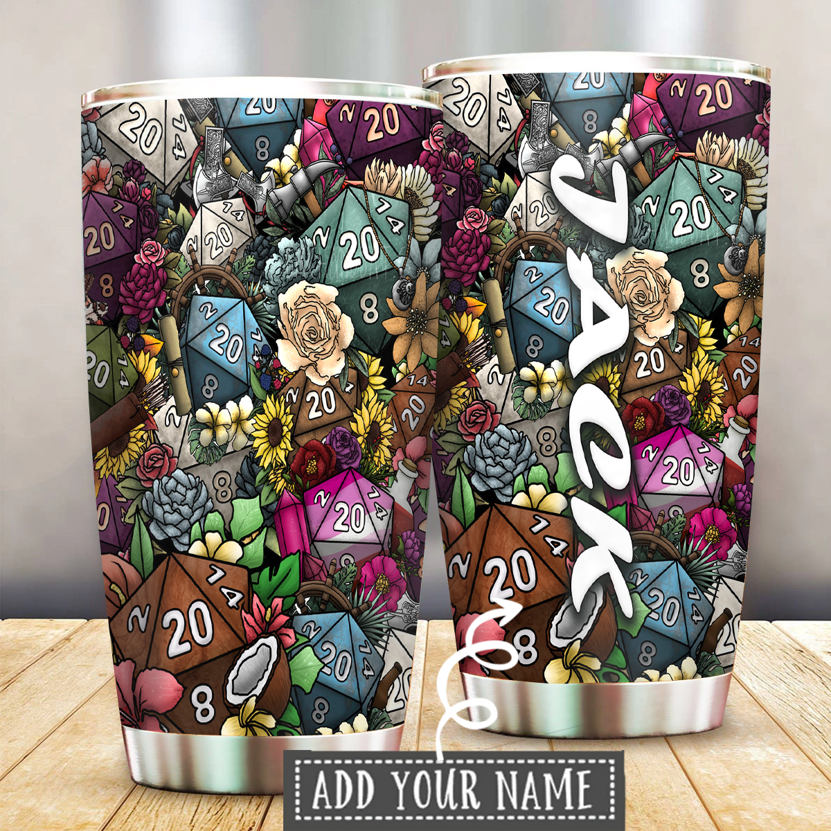 Hippie Twenty-Sided Dice Floral Personalized 20 Oz Tumbler For Travel And Gifting