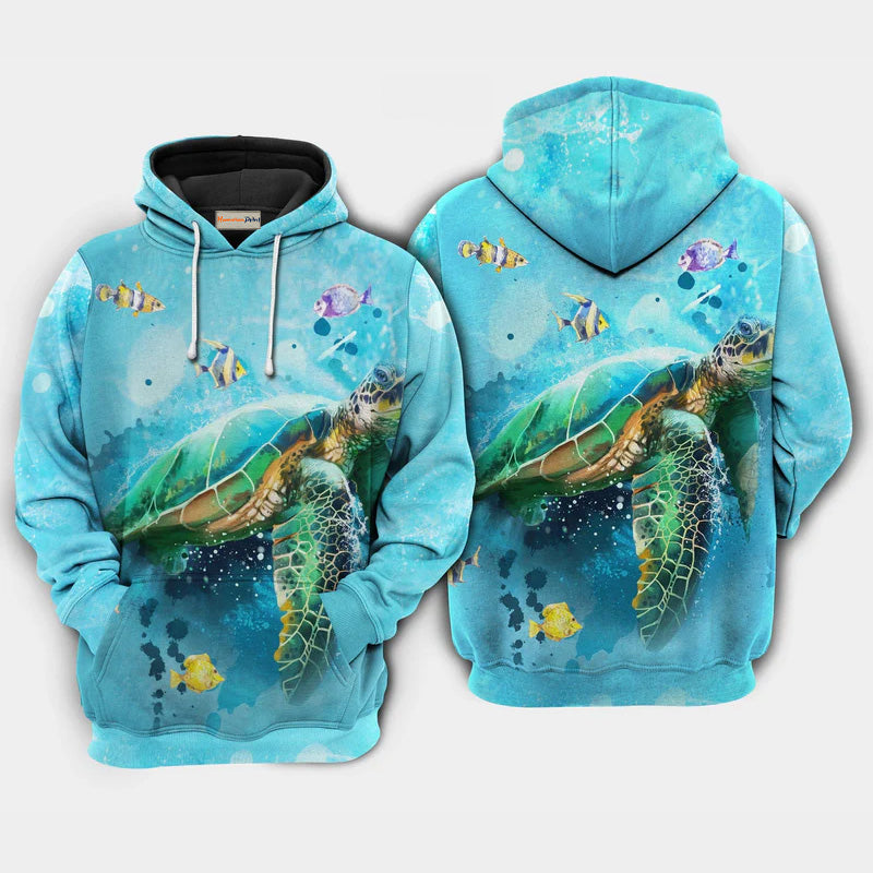 Turtle Loves Fish Art – 3D Hoodie