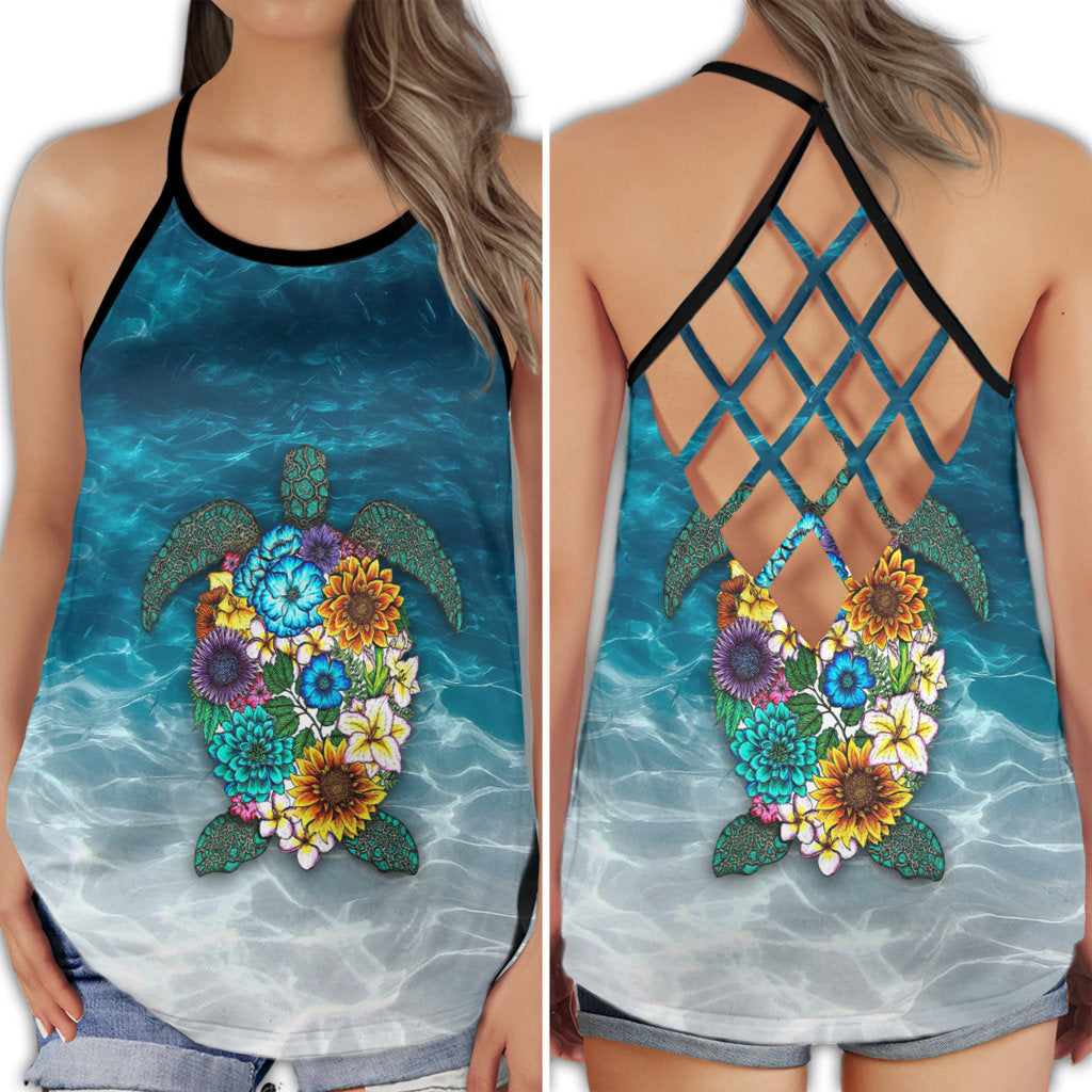 Turtle Swimming Moon Flower Ocean Fantasy Art Style - Hollow Tank Top