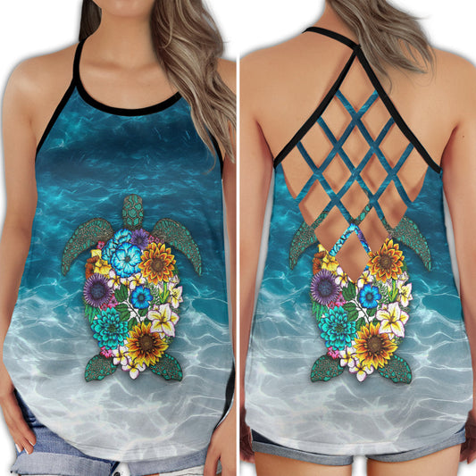 Turtle Swimming Moon Flower Ocean Fantasy Art Style - Hollow Tank Top