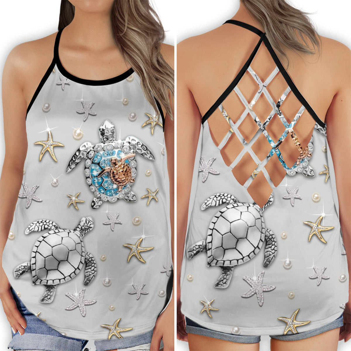 Turtle Starfish Ocean Treasure Vibes - Hollow Tank Top