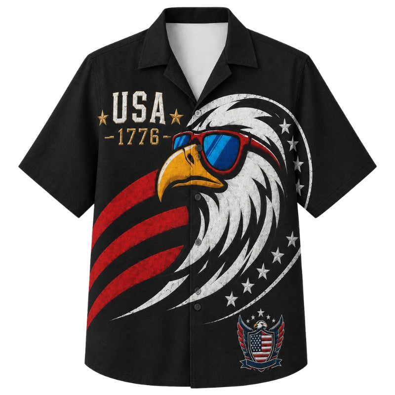 USA 250th Anniversary Wide Hawaiian Shirt- Cool Eagle Black Print