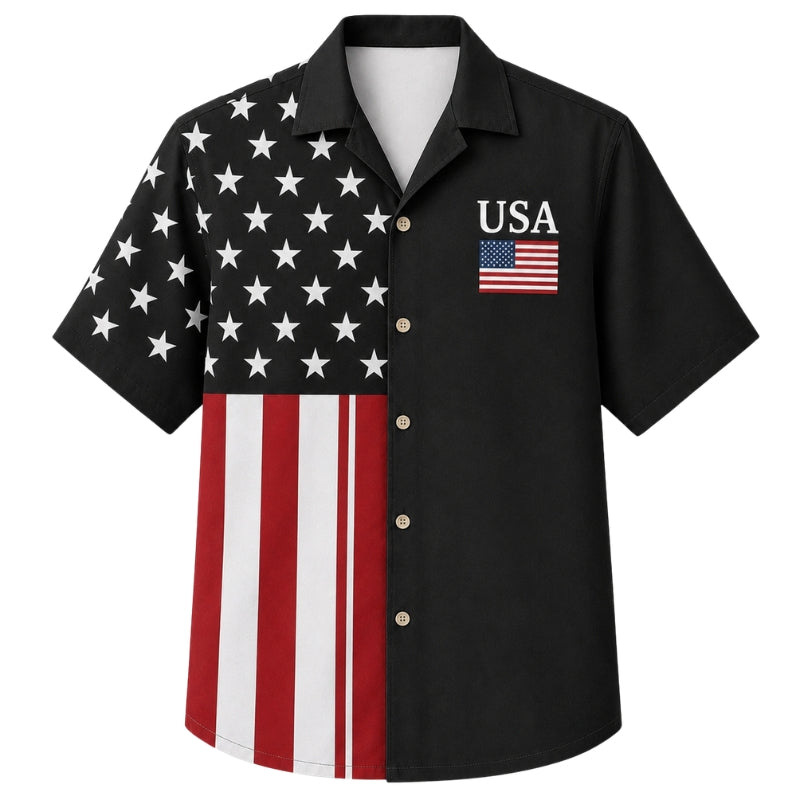 USA 250th Anniversary Wide Hawaiian Shirt- Split Flag Black Print