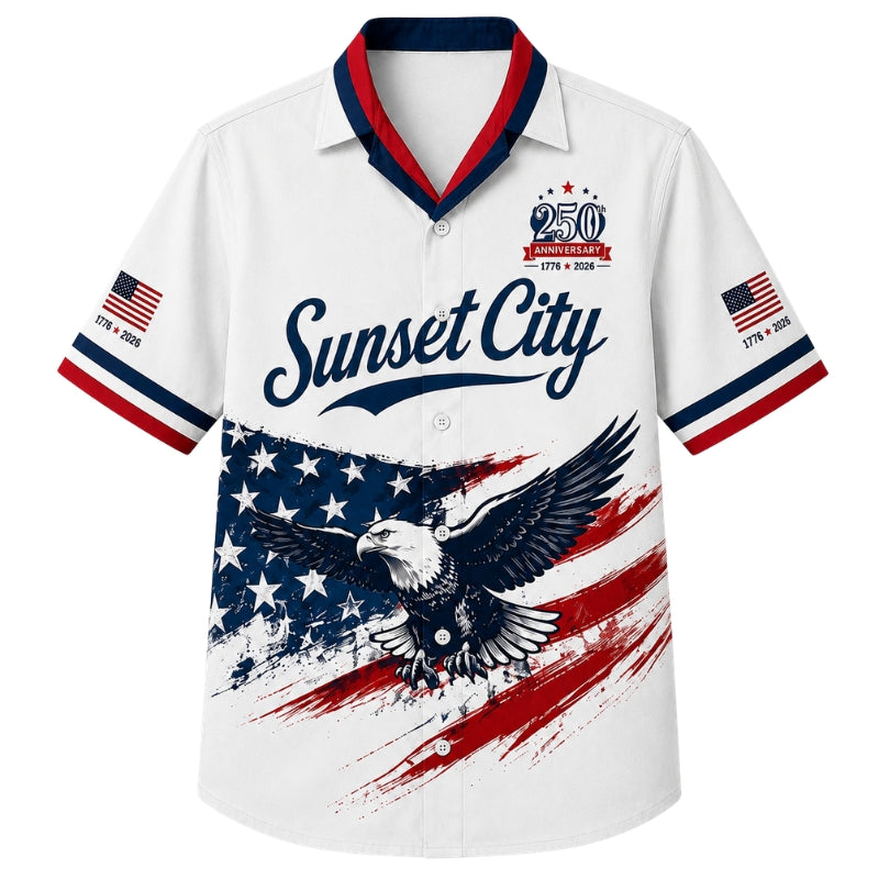 USA 250th Anniversary Wide Hawaiian Shirt- Sunset City Flag Eagle