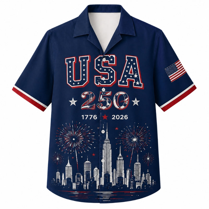 USA 250th Anniversary Wide Hawaiian Shirt- USA City Skyline Print