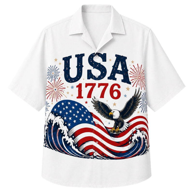USA 250th Anniversary Wide Hawaiian Shirt- USA Eagle Ocean Waves