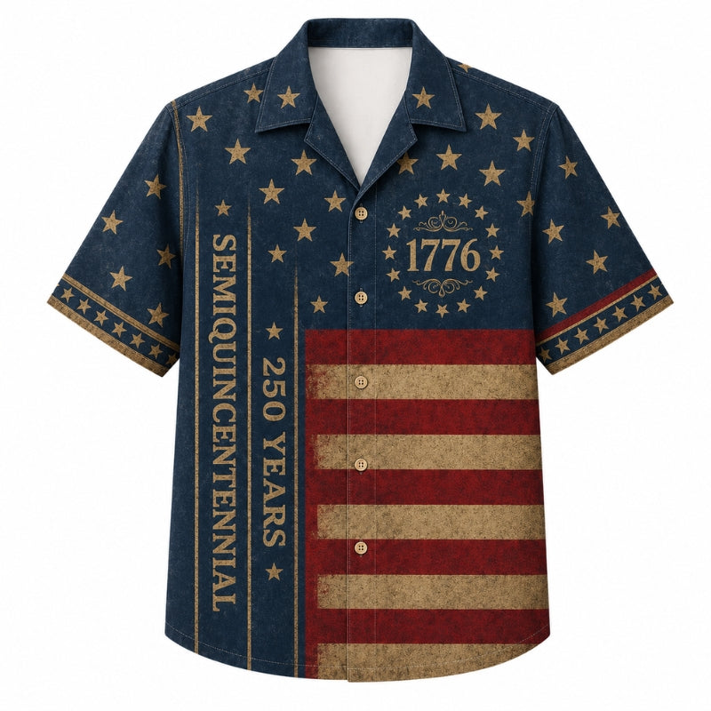 USA 250th Anniversary Wide Hawaiian Shirt- Vintage Worn Flag Print