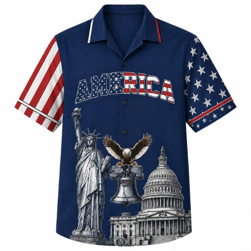 USA 250th Anniversary Wide Hawaiian Shirt- America Landmark Print