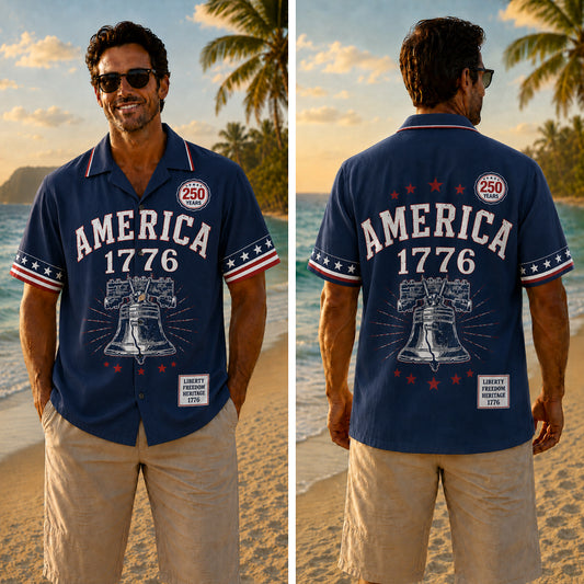 USA 250th Anniversary Wide Hawaiian Shirt - America Liberty Bell Navy