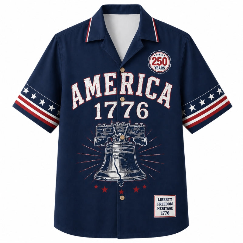 USA 250th Anniversary Wide Hawaiian Shirt- America Liberty Bell Navy