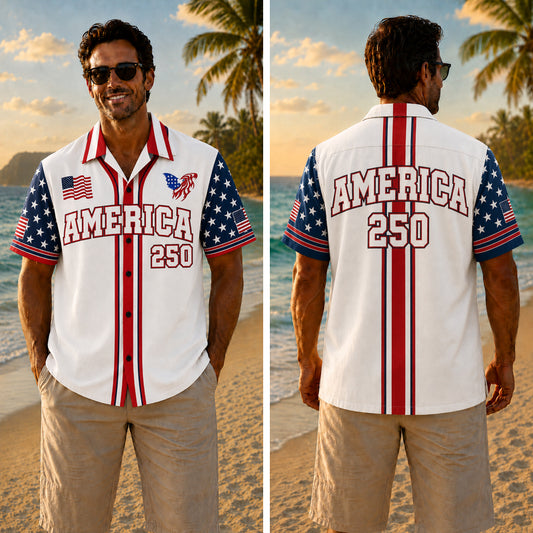 USA 250th Anniversary Wide Hawaiian Shirt - America Red Stripe Print