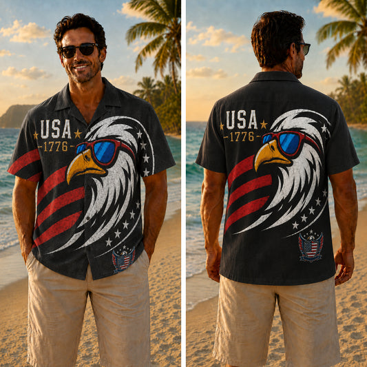USA 250th Anniversary Wide Hawaiian Shirt - Cool Eagle Black Print