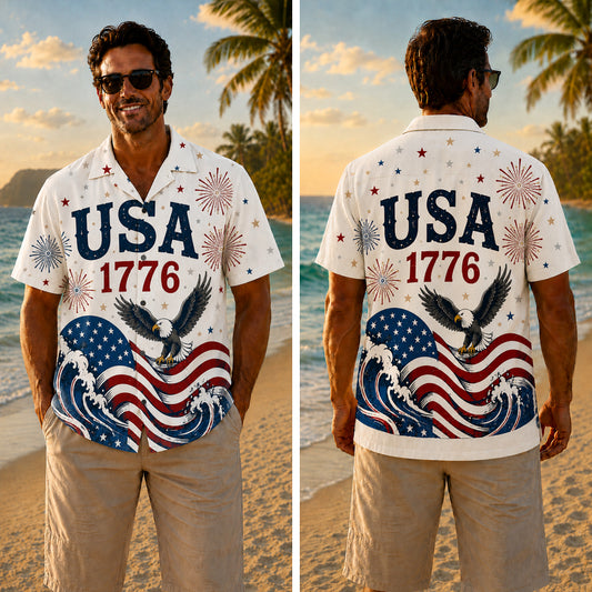 USA 250th Anniversary Wide Hawaiian Shirt - Eagle Surf Flag Waves