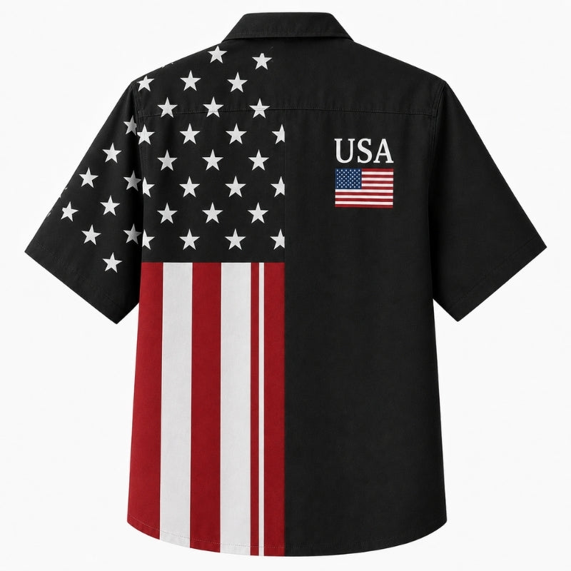 USA 250th Anniversary Wide Hawaiian Shirt- Split Flag Black Print