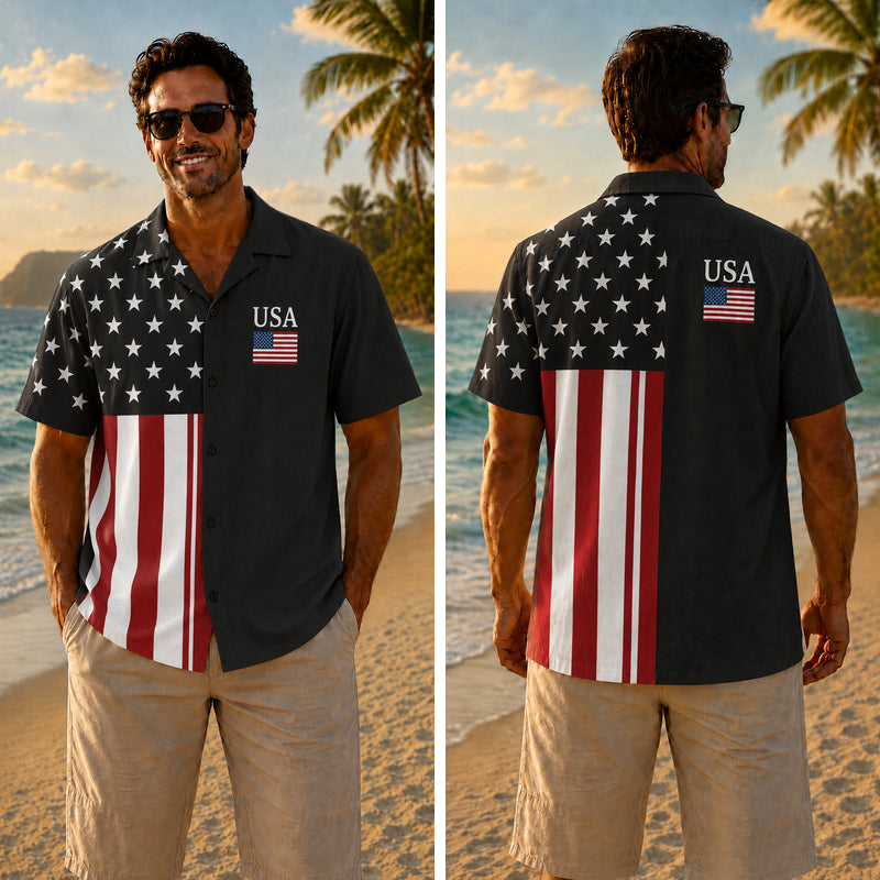 USA 250th Anniversary Wide Hawaiian Shirt - Split Flag Black Print